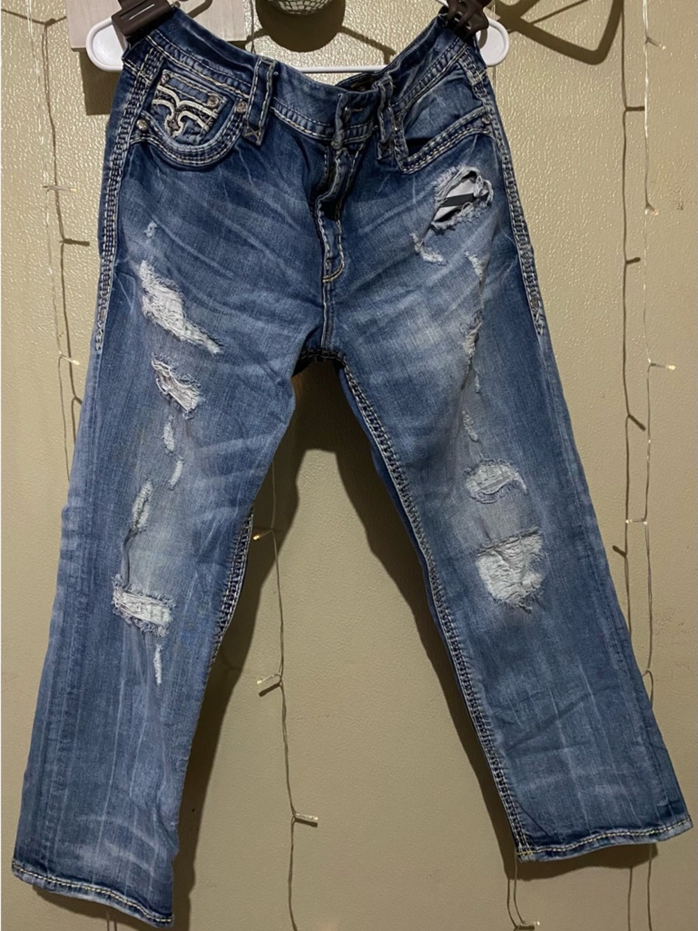 Rock Revival Dark Blue Denim Jeans with Inner Orange Embroidered Accents